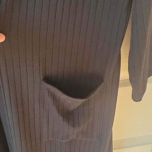 Mango Women's Long Duster Size M Cardigan Black Ribbed 3/4 Sleeve with Pockets - Picture 3 of 6